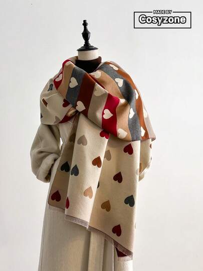 1pc Elegant Heart Pattern Jacquard Knit Scarf, Warm And Versatile For Women, Suitable For Air-Conditioned Rooms, Autumn/Winter