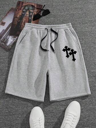 青少年男孩黑色裤子百搭十字乌鸦心印花大男孩松紧腰短裤