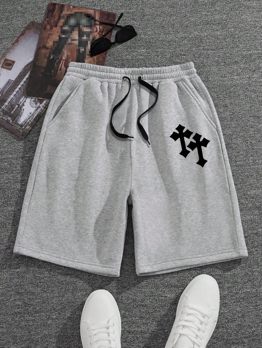 青少年男孩黑色裤子百搭十字乌鸦心印花大男孩松紧腰短裤