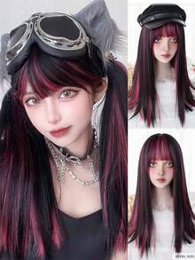 长款黑色红色粉色合成假发角色扮演洛丽塔原宿假发带刘海自然波浪万圣节红色日常假发长直发合成假发黑色带红色挑染角色扮演假发带刘海女士天然头发耐热纤维 - 彩色 - 查看 13