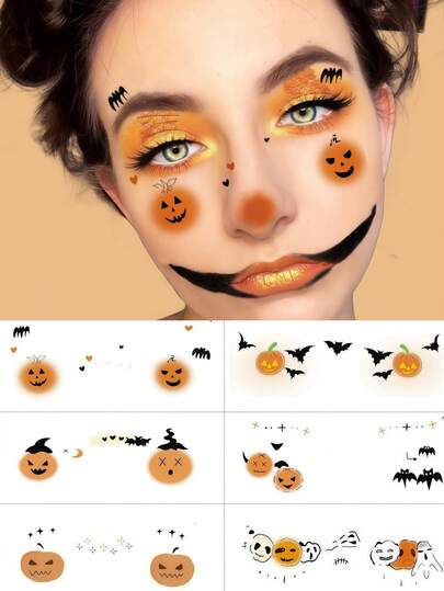 6张南瓜脸纹身万圣节临时纹身蝙蝠脸纹身防水南瓜纹身可爱万圣节纹身节日恶作剧派对装饰万圣节化妆
