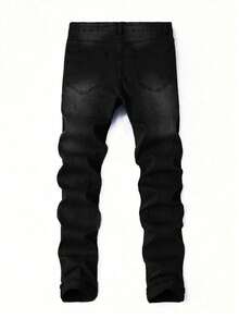 1pc Men's Black Elastic Skinny Distressed Versatile Jeans, Outdoor Comfortable Casual Cargo Skinny Jeans, Y2K Style, Suitable As Gift For Husband/Boyfriend, Daily Wear - Black - View 2