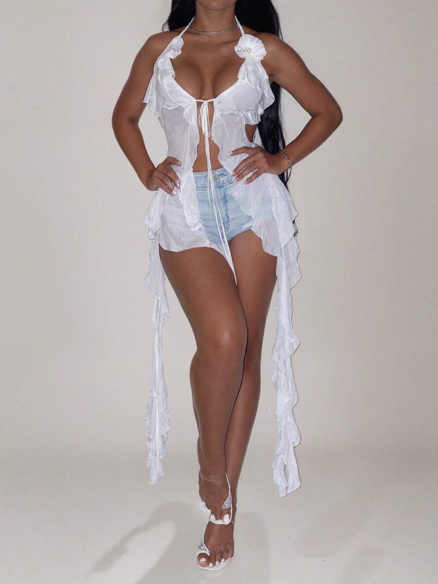 Women's White Sheer Halter Cover Up Set, Ruffle Beach & Party Outfit For Girls, Babe Bohemian Swimwear Vibe, Pair With Vintage Shirts/Short Sleeve Tees, Flower Detail - 白色 - 查看 1
