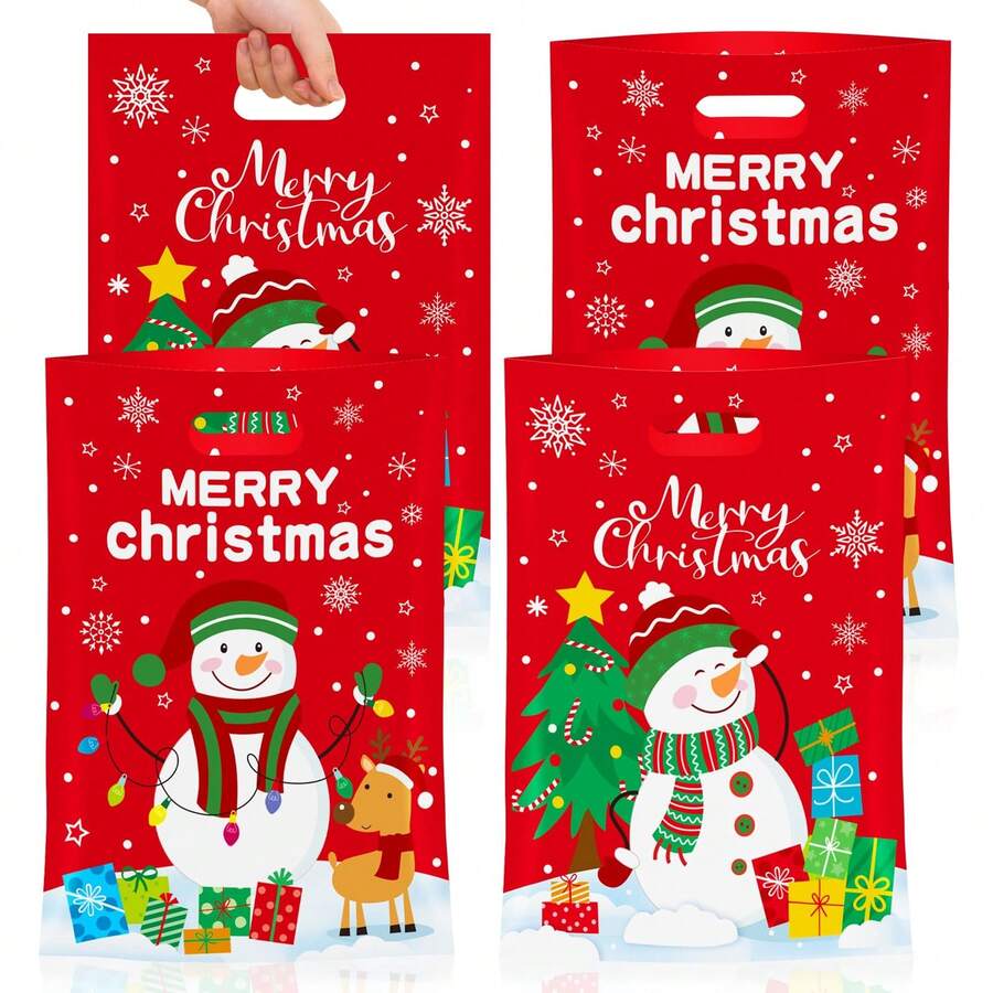 10 Pcs Merry Christmas Goodie Bags - Cute Snowman Plastic Treat Candy Goody Cookie Snack Favor Tote Bags For Winter Xmas Holiday Party Favors Supplies Christmas Christmas Decorations Christmas Pajamas Christmas Gifts Christmas Decor