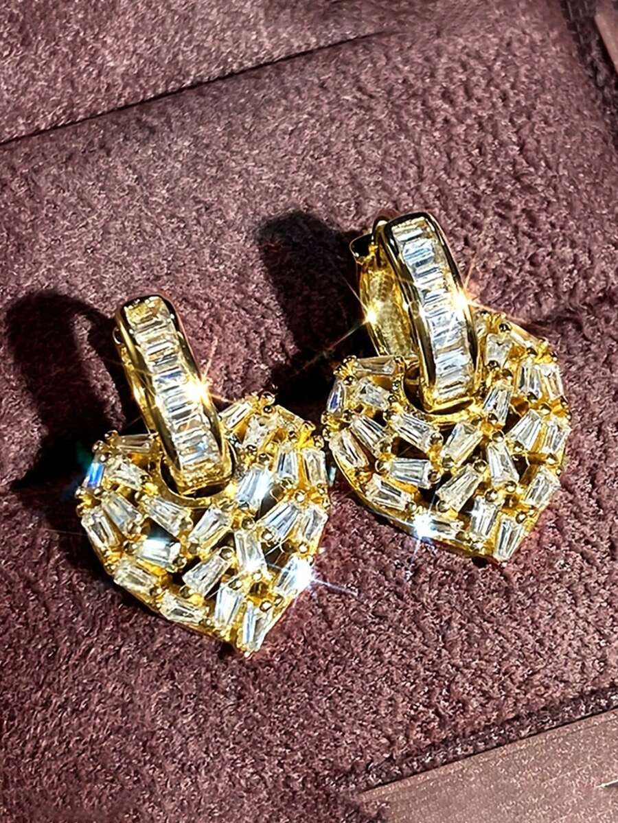 1 对女士微镶嵌锆石心形铜金色耳环 - ET-1259 Gold - 查看 1