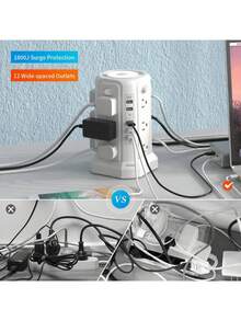 PASSUS Surge Protector Power Panel Tower With 5 USB Ports And Night Light, 10ft Extension Cord With 12 AC Multi-Outlets, PASSUS Power Tower, Home Office Dorm Room Overload Protection (2 Packs - White + Black)