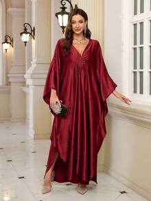 Elegant Women's Burgundy Satin Kaftan Robe, Batwing Sleeve Casual Dress Eid Spring - Màu Đỏ Sâu - Xem 6