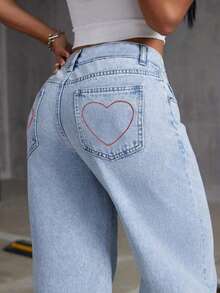 Teen Girls' Light Blue Casual Cat Whisker Patterned Bow Embroidered Straight Leg Jeans - Light Wash - View 3