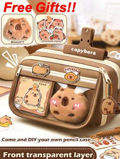 7pcs Set, Including Pencil Case & Doll, 5pcs Stickers, Cute Hamster Pencil Box, Multi-Layer Hamster Pencil Box, Hamster Brooch Hamster Bag, For Organizing School Items, Pens, Rulers, Erasers, Home Decor, (5pcs Stickers Random)