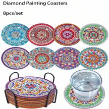 8pcs/set Mandala Pattern Diamond Painting Diy Coaster With Ab Shaped Resin Drills, Gift With Cup Mat - Multicolor - View 9