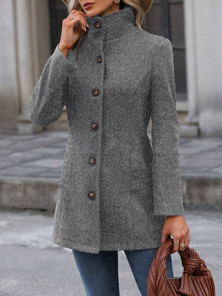 Women's Slim Fit High Collar Single-Breasted Pocket Midi Tweed Coat, Black