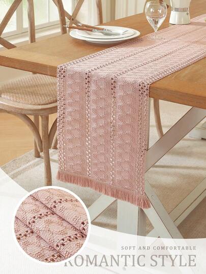 1pc Pink Elegant Striped Hollow Table Runner, Minimalist Farmhouse Style, Suitable For Kitchen, Dining Room, Living Room, Home, Party, Hotel, Restaurant, Wedding, Banquet, Dinner, Holiday Celebration, Seasonal Gift, Multiple Sizes Available
