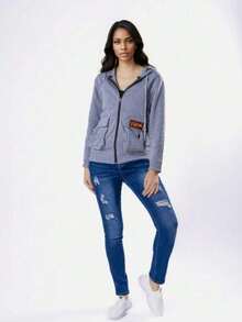 Sudadera con capucha de manga larga para mujer, Chaqueta informal con cremallera Chaqueta con capucha de color sólido con bolsillos y diseño de cordón de ajuste - Gris - Ver 7