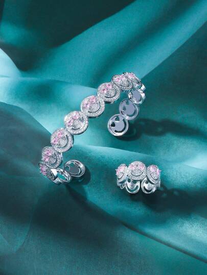 مجموعة مجوهرات سوار وخاتم مطلي بالذهب عيار 18 قيراط، مرصع بأحجار الحمراء والبنفسجية بتصميم قلب ووجه مبتسم، قابل للتعديل، هدية مثالية لعيد الحب، مجوهرات يومية