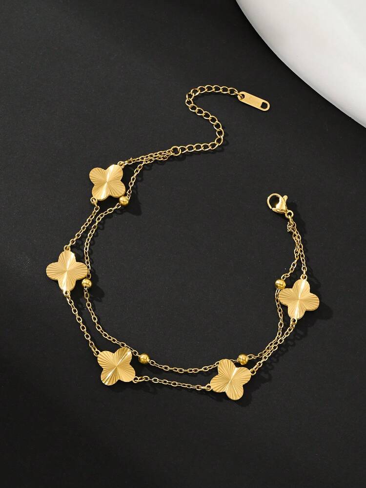 1pc Minimalist Casual Fashion Metallic Laser Lucky Clover Pendant Double-Layer Beaded Chain Bracelet For Men - Double Layer Bracelet - View 11