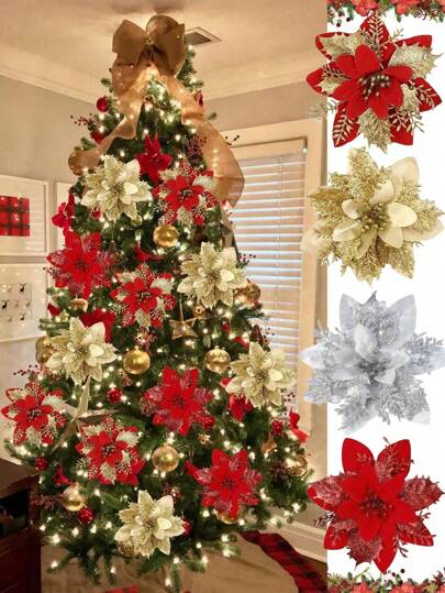 10 Piezas de Flores Navideñas, Dorado, Rojo, Plateado, Flores para Árbol de Navidad, Flores Navideñas Brillantes, Flores de Poinsetia, Artificiales para Decoración de Árbol de Navidad, Decoración de Fiesta, Navidad