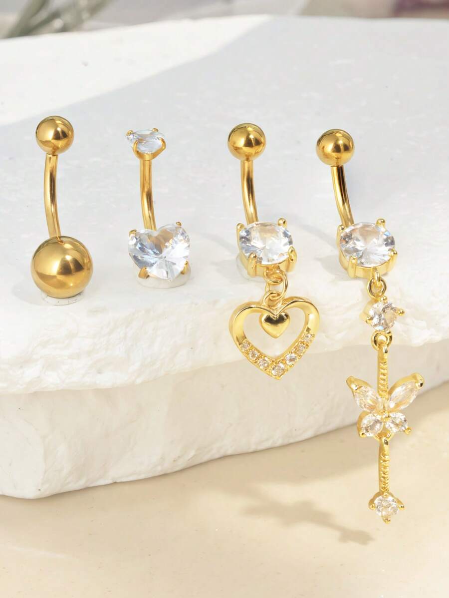 4 Soft Ceramic Full Diamond Navel Rings, Horizontal Bars, Simple Navel Rings, Stainless Steel Navel Buckles, Women's Abdominal Navel Nails, Human Puncture Accessories Suitable For Daily Life Wear