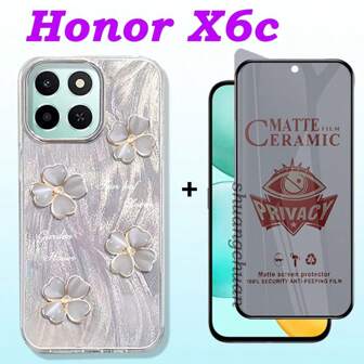 2-In-1 Anti-Peep Ceramic Full Screen Coverage Soft Film Protector + Fashionable Four-Leaf Clover Pattern Phone Case For Honor X6c