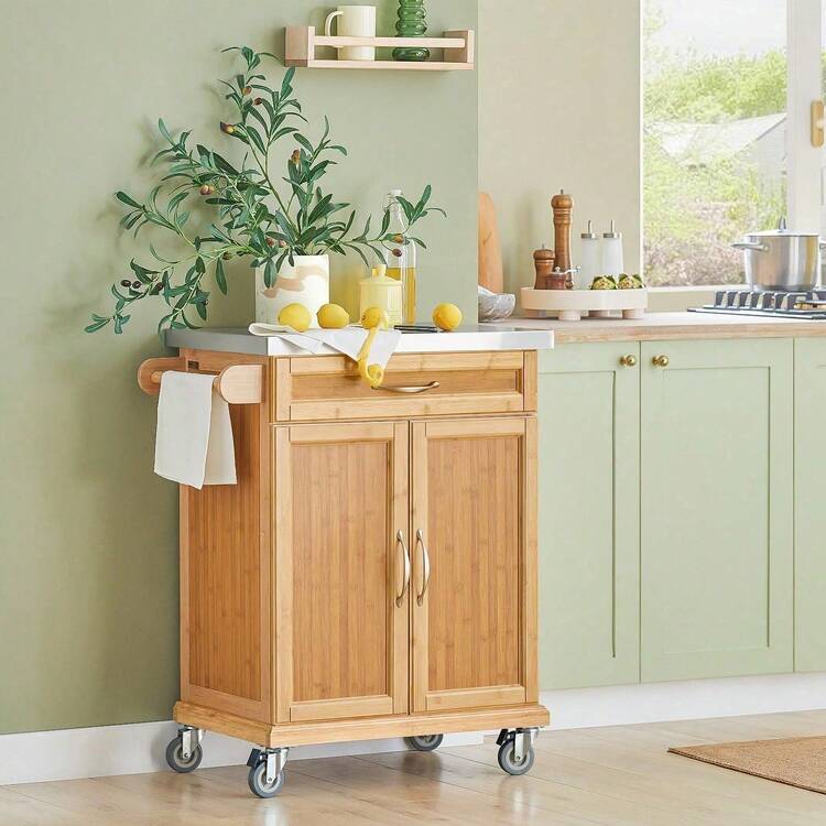 SoBuy Kitchen Cabinet Kitchen Storage Trolley Cart With Bamboo Worktop, 1 Large Cupboard And 1 Drawer, FKW13-WN - Brown - View 3