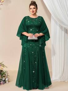 Đầm dạ hội tay cánh bướm thanh lịch bằng chiffon đính hoa, ren sequin và lưới phối ren, vạt đuôi cá, trang nhã, thích hợp cho các buổi dạ tiệc trang trọng, đám cưới, lễ hội, sinh nhật, tiệc tốt nghiệp, tiệc chiêu đãi, các dịp lễ hội mùa xuân. - Màu xanh lá cây đậm - Xem 2