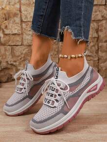 女士休闲轻便透气网眼运动鞋，舒适系带跑步鞋，带随机印花 - 粉色 - 查看 7