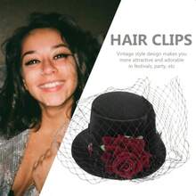 BESPORTBLE Victorian Mini Top Hat Classic Black Hat Hair Clip With Red Rose And Veil Elegant Fascinator For Cocktail Tea Party Women's Accories - 如圖 - 查看 4