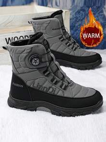 男士雪地靴，新款冬季高帮厚毛内衬保暖靴，厚底防滑皮靴，经典旋转纽扣设计的户外登山鞋，中筒毛领户外防滑防寒男士靴子，适用于寒冷的工作场所和雪地环境 - 灰色 - 查看 4