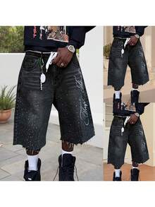 Men's Summer Casual Denim Shorts Knee Length  Letter Embroidered Rhinestone Jeans Shorts - Black - View 6