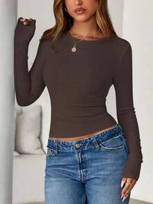 Women Spring And Fall Long Sleeve Shirts Ribbed Crewneck Fitted Basic Tee Going Out Tops Casual Workout Vacation Outfits - 深棕色 - 查看 3