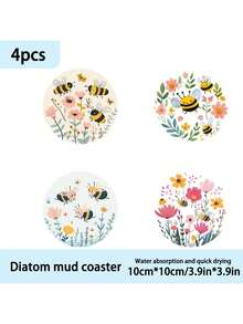 1set/4pcs/6pcs Spring Honeybee Flower Pattern Dialgae Mud Coaster Set, Mug Coaster, Coffee Coaster, Home And Restaurant Decoration For Many Occasions, Beautiful Birthday Or Holiday Gifts, Table Decoration, Home Decoration, Room Decoration, Home Decoration, Daily Decoration, Themed Party Decoration - Multicolor - View 8