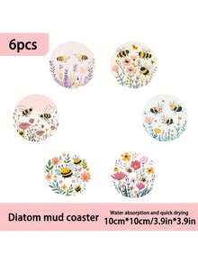 1set/4pcs/6pcs Spring Honeybee Flower Pattern Dialgae Mud Coaster Set, Mug Coaster, Coffee Coaster, Home And Restaurant Decoration For Many Occasions, Beautiful Birthday Or Holiday Gifts, Table Decoration, Home Decoration, Room Decoration, Home Decoration, Daily Decoration, Themed Party Decoration - Multicolor - View 7