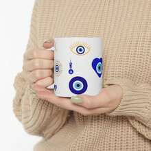 1pc Evil Eye Coffee Mug White Ceramic Cup Modern Design Spiritual Gift For Her Birthday Present Home Decor Art Protection Charm Blue Nazar - 11盎司 - 查看 4