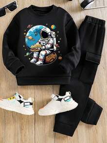 Tween Boy Cartoon Graphic Print Crew Neck Sweatshirt And Sweatpants Set - Black - View 1
