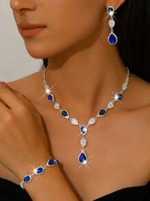 1 Set Fashion Waterdrops Rhinestone Earrings Necklace Bracelet Jewelry Set, Suitable For Women's Daily, Wedding, Banquet & Party Wear