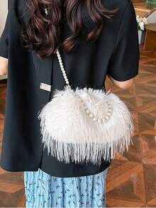 Feather Purse Clutch For Women Ostrich Feather Handbag Shoulder Crossbody Evening Bag Women's  Feather Evening Bag Pearl Handle Kiss Lock Purse Chic Shoulder Crossbody Handbag Party Wedding Cocktail Purses Clutch Vintage Banquet Handbag - 白色 - 查看 1