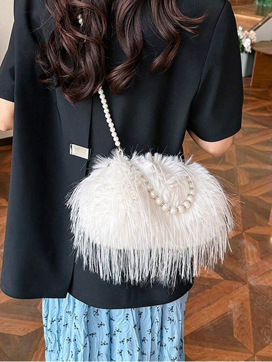 Feather Purse Clutch For Women Ostrich Feather Handbag Shoulder Crossbody Evening Bag Women's  Feather Evening Bag Pearl Handle Kiss Lock Purse Chic Shoulder Crossbody Handbag Party Wedding Cocktail Purses Clutch Vintage Banquet Handbag - 白色 - 查看 1