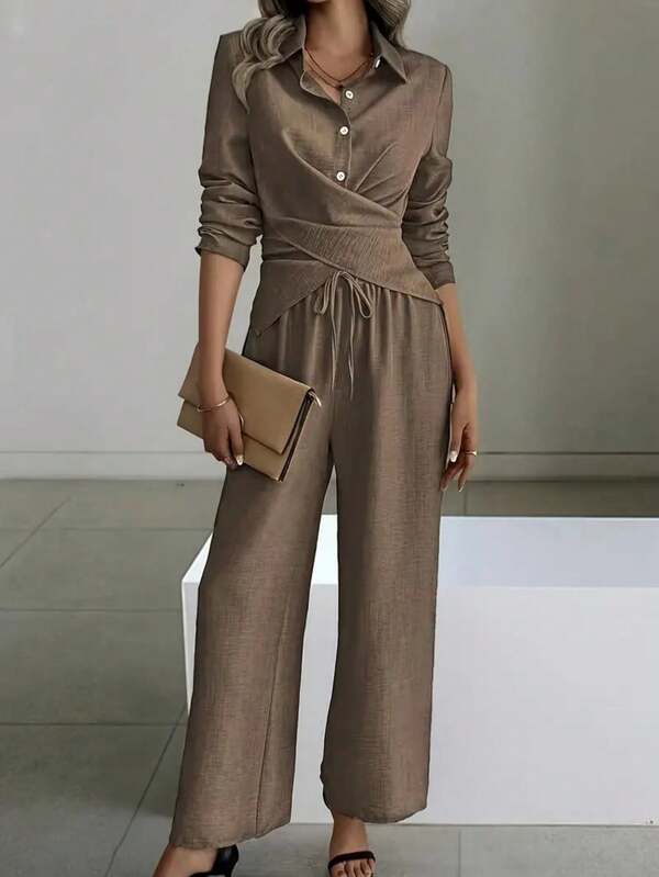 Solid Color Elegant Casual Criss-Cross Front Button Tie Loungewear