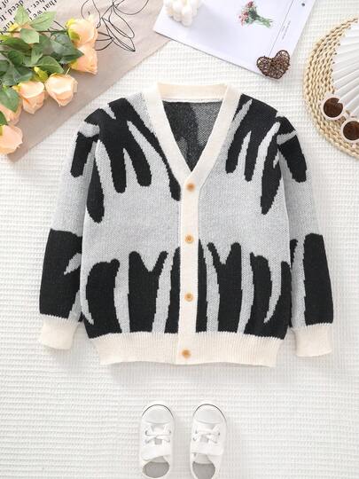 Boys' V-Neck Letter Intarsia Knit Cardigan Sweater, Black & White, Casual & Fashionable For Autumn/Winter, Suitable For Everyday Wear, Gatherings And Keeping Warm
