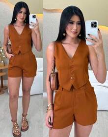 Women's Tailored Set: Vest And Formal Shorts - Camel - View 1