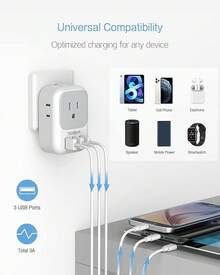 Adaptador Europeo Viaje, Universal Europa Enchufe de Corriente con 3 USB (1 USB C), Cargador Tipo C con 4 Salidas CA, Travel Essentials Adapter Americano\/México a Europa para Italia, España - Blanco y Gris - Ver 10