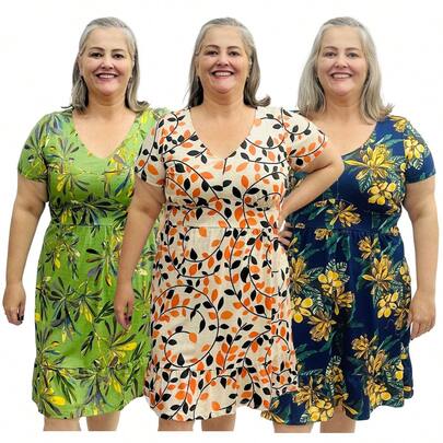 Kit 3 Vestidos Plus Size Femininos Estampados Manga Curta Frente Forrada Gola V