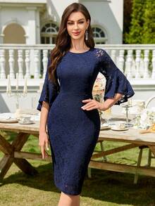 Đầm ôm dáng tay bồng ren hoa phối màu tương phản, thanh lịch, thích hợp cho tiệc cocktail, dạ hội bán trang trọng, tiệc cưới, sinh nhật, lễ tốt nghiệp, tiệc gala, tiệc họp mặt và các dịp khác. - Màu xanh hải quân - Xem 8