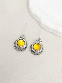 1 对波西米亚风格圆形海蓝宝石锆石雕刻吊坠耳环，适合女性日常、派对、旅行珠宝礼物 - 銀色 - 查看 15