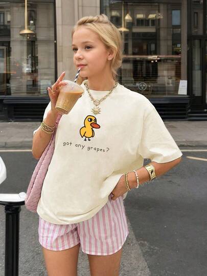 青少年女孩休闲图案印花圆领短袖 T 恤，夏季上衣