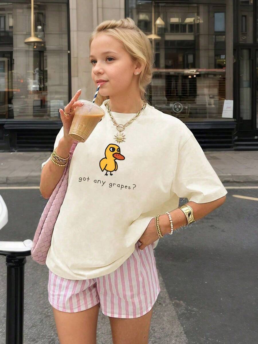 青少年女孩休闲图案印花圆领短袖 T 恤，夏季上衣 - 杏色 - 查看 1