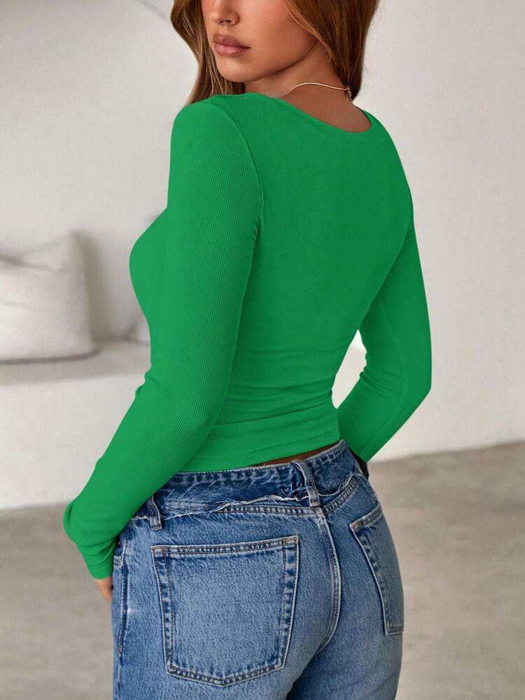 Women Spring And Fall Long Sleeve Shirts Ribbed Crewneck Fitted Basic Tee Going Out Tops Casual Workout Vacation Outfits - màu xanh lá - Xem 2