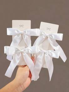 2pcs Girls' Simple Fashion Cute Daily Versatile Satin Ribbon Bow Hair Clips, Multi-Size - White - View 3
