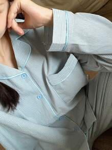 2pcs Women Sleepwear Set - Blue Striped Long Sleeve Top And Pants, Loose Fit Pajama For Homewear, Suitable For Spring And Autumn,Two Pieces Set, Fall Clothes