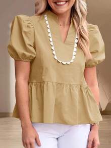 Womens Puff Sleeve Peplum Blouses Ruffle V Neck Summer Casual Tops Babydoll Loose Fit Shirts - 卡其色 - 查看 1
