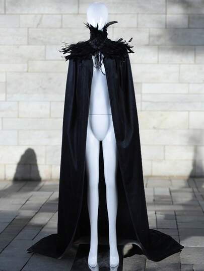 1 Set Medieval Viking Retro Feather Shawl Cloak Fake Collar Costume, Extra Loose & Fluffy Black Dark Cloak Cape, Carnival Stage Performance Cosplay Demon Elf Wizard ,Halloween Costume, Party Dress Spring
